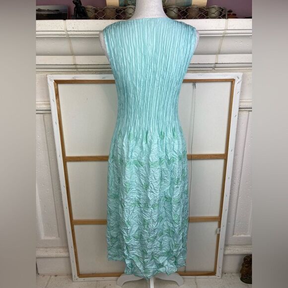Alquema NWOT Aqua & green polka dot hand pleated midi dress w/pockets - Picture 3 of 15